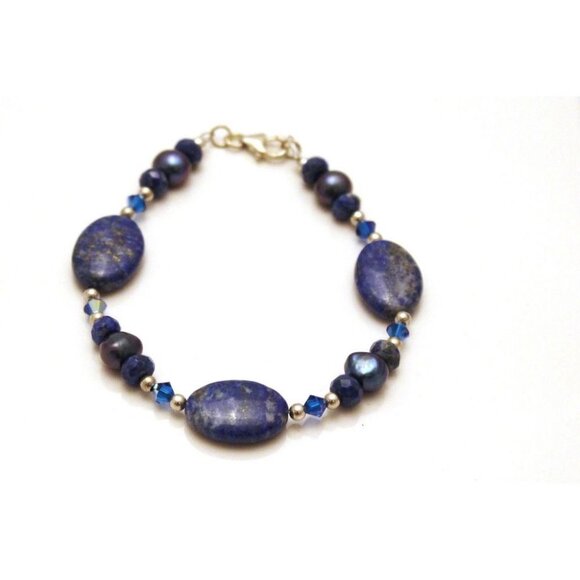 Handcrafted Lapis Lazuli Gemstone Bracelet & Earring Set With Sterling Silver - Picture 9 of 10